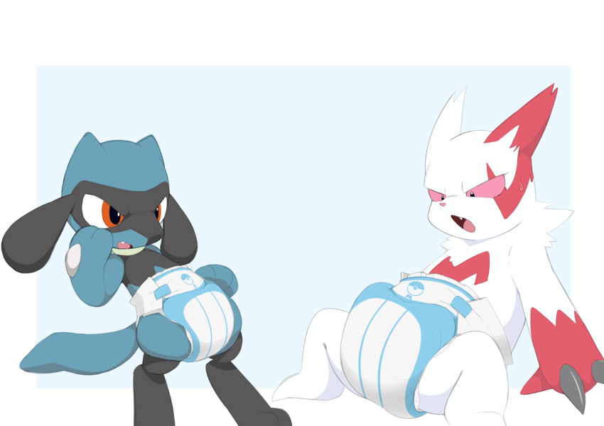 ambiguous_gender anthro baby_pok&eacute;mon bodily_fluids claws cute_expression diaper digitigrade duo hand_on_face hi_res nintendo nyanyakotarou open_mouth pok&eacute;mon pok&eacute;mon_(species) riolu sitting spread_legs spreading standing sweat sweatdrop teeth tongue video_games zangoose