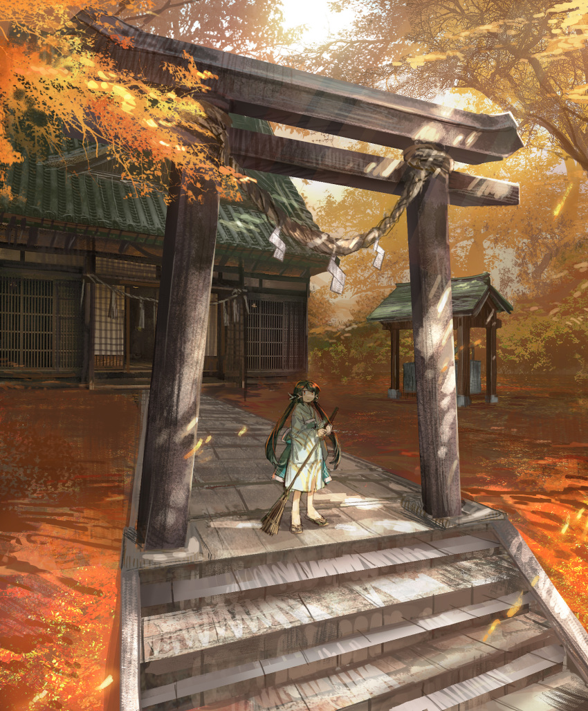 1girl autumn bad_id bad_pixiv_id broom closed_mouth dappled_sunlight day green_hair green_kimono highres japanese_clothes jitome kimono long_hair looking_at_viewer nature obi orange_eyes original outdoors path rope sandals sash scenery shichigatsu shide shimenawa shrine solo stairs standing stone_stairs stone_torii stone_walkway sunlight torii tree tree_shade twintails very_long_hair yayoi_(shichigatsu)