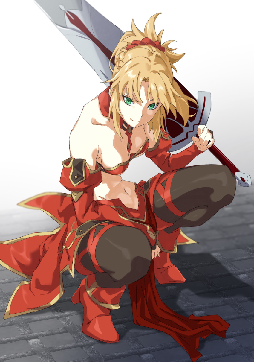 1girl absurdres ankle_boots bare_shoulders black_legwear blonde_hair boots braid breasts clarent cleavage closed_mouth detached_sleeves fate/apocrypha fate_(series) french_braid green_eyes hair_ornament hair_scrunchie highres holding holding_sword holding_weapon juliet_sleeves long_sleeves looking_at_viewer medium_breasts mordred_(fate) mordred_(fate)_(all) navel over_shoulder pantyhose pretty-purin720 puffy_sleeves red_footwear red_scrunchie scrunchie shadow short_hair smile solo squatting sword sword_over_shoulder tiptoes weapon weapon_over_shoulder