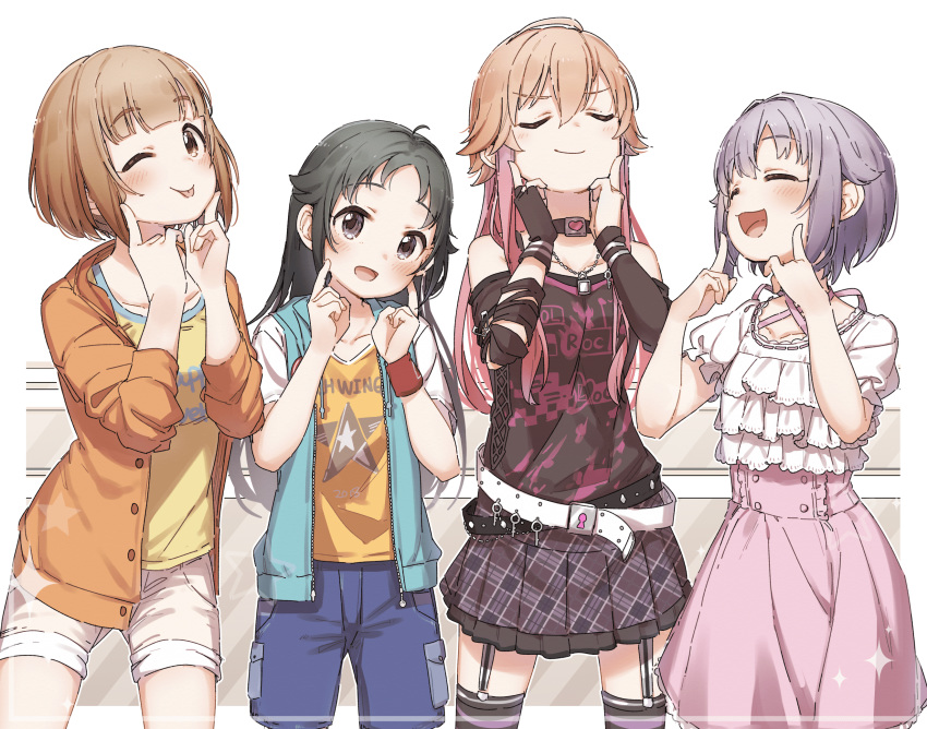 4girls belt black_hair black_legwear black_shirt brown_eyes buttons choker closed_eyes clothes_writing cowboy_shot dress garter_straps hand_on_own_cheek highres idolmaster idolmaster_cinderella_girls jacket keyhole kitami_yuzu koshimizu_sachiko light_brown_hair long_sleeves multiple_girls nanjou_hikaru ninomiya_asuka one_eye_closed open_mouth orange_hair plaid plaid_skirt puffy_short_sleeves puffy_sleeves purple_dress purple_hair shirt short_sleeves shorts skirt smile t-shirt thighhighs tongue tongue_out white_belt wristband yukie_(kusaka_shi)