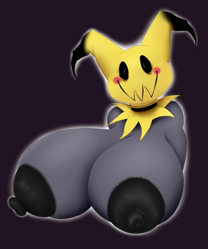 anthro areola big_breasts breasts female fur grey_body grey_fur hi_res huge_breasts looking_at_viewer mimikyu nightmare-arts nintendo nipples pok&eacute;mon pok&eacute;mon_(species) simple_background smile solo spooky_(disambiguation) video_games