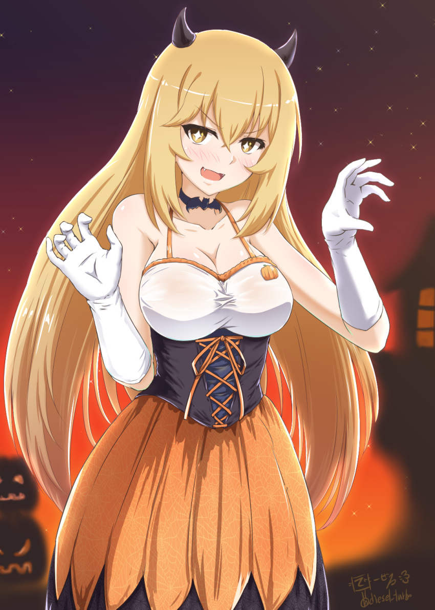 +_+ 1girl alternate_costume artist_logo blonde_hair breasts brown_eyes cleavage collarbone commentary_request cowboy_shot curled_fingers diesel-turbo dress fangs gloves gradient_sky halloween_costume highres jack-o'-lantern large_breasts long_hair looking_at_viewer night open_mouth shokuhou_misaki sky sleeveless sleeveless_dress solo spaghetti_strap to_aru_kagaku_no_railgun to_aru_majutsu_no_index twitter_username white_gloves