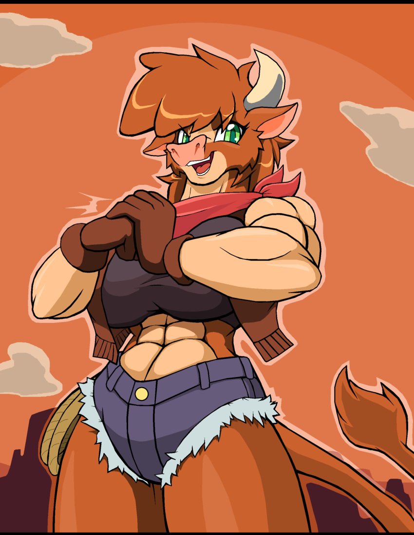 abs absurd_res anthro arizona_cow_(tfh) black_bars bottomwear bovid bovine cattle clothing cloud droll3 female fist gloves handwear hi_res horn lasso letterbox looking_at_viewer mammal mountain muscular muscular_anthro muscular_female shorts solo sunset them's_fightin'_herds topwear vest