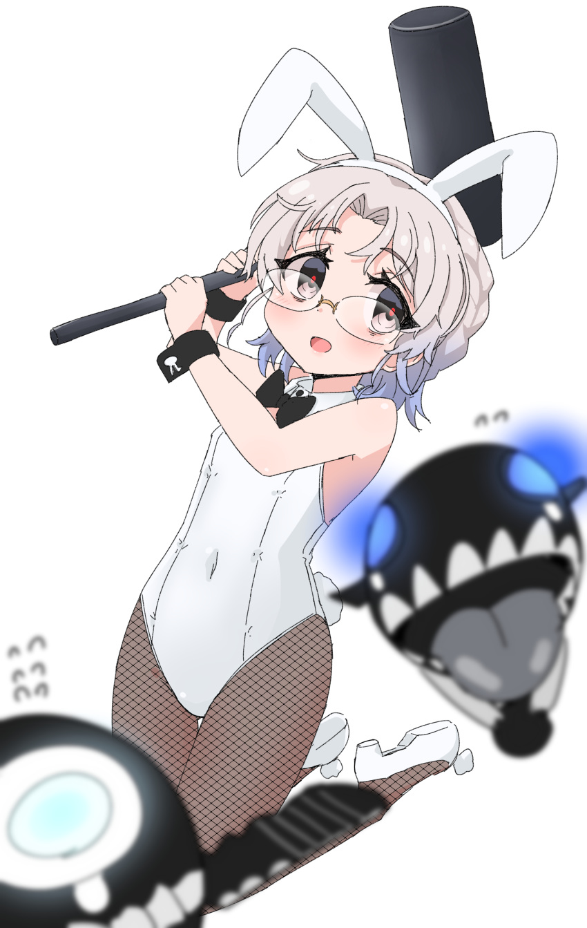 1girl absurdres abyssal_ship animal_ears black_bow black_legwear black_neckwear bow bowtie breasts brown_eyes bunny_ears bunny_tail covered_navel detached_collar enemy_aircraft_(kantai_collection) fake_animal_ears fake_tail fishnet_legwear fishnets folded_leg full_body glasses grey_hair hairband highres hirato_(kantai_collection) junes kantai_collection kine leotard mallet pantyhose playboy_bunny shoes short_hair simple_background small_breasts solo strapless strapless_leotard tail wavy_hair white_background white_footwear white_leotard wing_collar wrist_cuffs