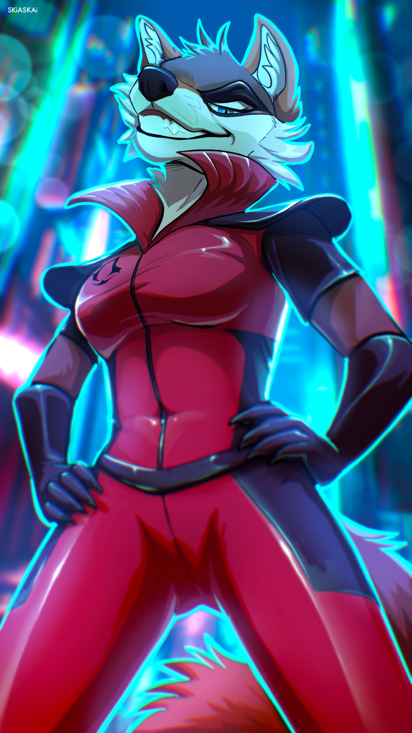 anthro canid canine canis city city_background cityscape cocky cocky_smile confidence confident darkflamewolf fan_character female grin hi_res lights mammal mask murana_wolford_(darkflame-wolf) neon_lights skiaskai smile solo vigilante wolf