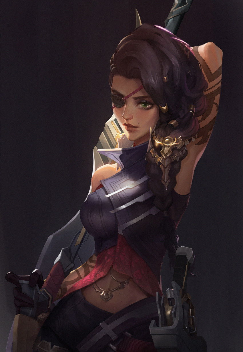 1girl absurdres arm_tattoo arm_up arms_up bare_shoulders black_background black_eyepatch braid brown_hair closed_mouth dual_wielding eyepatch green_eyes gun handgun highres holding holding_gun holding_sword holding_weapon holster holstered_weapon league_of_legends long_hair midriff mole mole_above_mouth navel samira solo sword tattoo weapon wifc