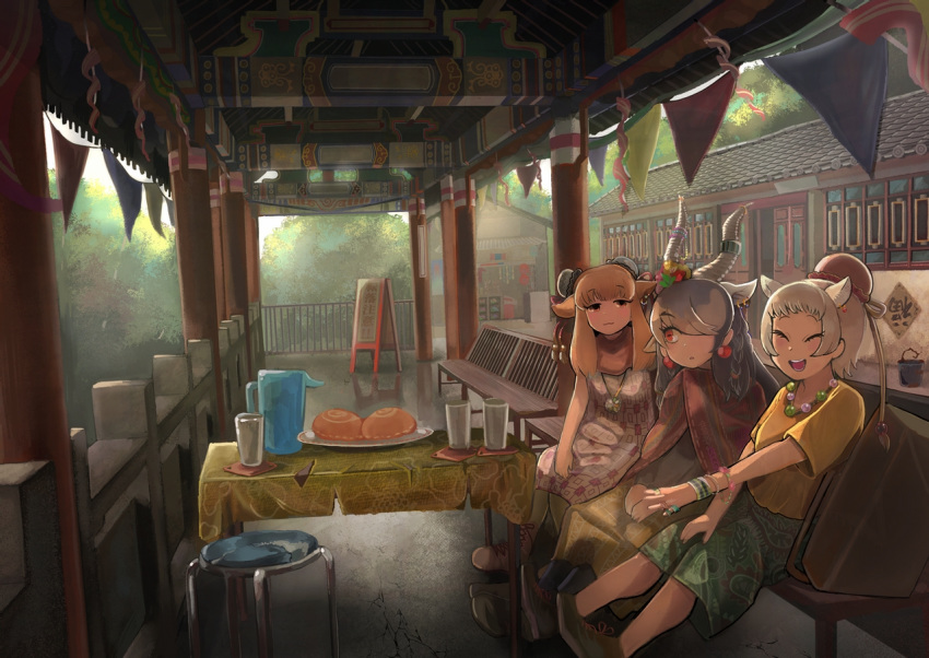 3girls alternate_costume alternate_hairstyle animal_ears anteater_ears armband backpack backpack_removed bactrian_camel_(kemono_friends) bag bangs bare_arms beads bench black_hair blackbuck_(kemono_friends) braid brown_hair bun_cover camel_ears casual closed_eyes contemporary cup day double_bun dress drinking_glass dromedary_(kemono_friends) dromedary_ears earrings extra_ears food grey_hair hair_bun hair_over_one_eye horn_ornament horns igarashi_(nogiheta) japari_bun jewelry kemono_friends long_dress long_hair looking_at_another medium_dress medium_skirt multicolored_hair multiple_girls open_mouth outdoors outstretched_arm outstretched_hand pendant plate poncho red_eyes ring shirt shoes short_hair short_sleeves side-by-side sitting skirt sleeveless sleeveless_dress smile stool swept_bangs table