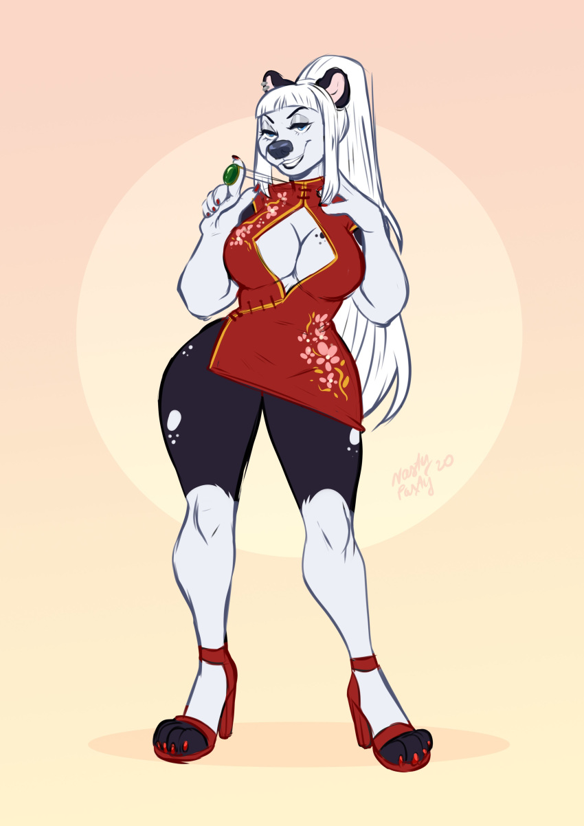 absurd_res anthro asian_clothing big_breasts breasts chinese_clothing chinese_dress cleavage clothed clothing dress east_asian_clothing female footwear giant_panda hi_res high_heels mammal nastypasty shoes solo ursid wide_hips