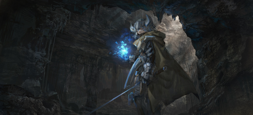 1girl absurdres armor blue_eyes cape cave dark energy_ball eyes_visible_through_headwear gauntlets helmet highres holding holding_sword holding_weapon horned_helmet left-handed looking_at_viewer magic open_mouth original scenery shichigatsu solo standing sunlight sword underground weapon yellow_cape