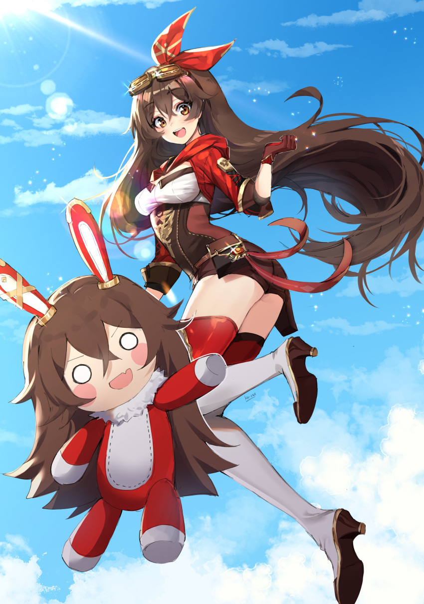 1girl absurdres amber_(genshin_impact) baron_bunny blue_sky blush_stickers boots brown_hair day fang full_body genshin_impact goggles goggles_on_head hair_ribbon high_heel_boots high_heels highres ku-ini long_hair ribbon shorts sky smile thighhighs