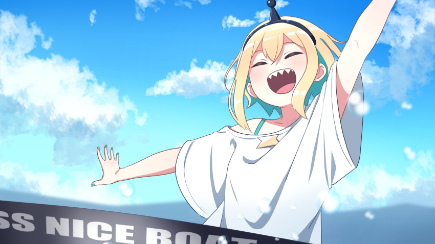 1girl ^_^ ^o^ amano_pikamee aqua_hair arm_up blonde_hair blue_nails blue_sky breasts closed_eyes cloud cloudy_sky colored_inner_hair commentary day english_text engrish_text fangs hairband highres kaynimatic looking_at_viewer multicolored_hair nail_polish open_mouth outdoors outstretched_arms ranguage sharp_teeth shirt short_hair short_sleeves sky small_breasts smile solo t-shirt teeth two-tone_hair upper_body virtual_youtuber voms water_drop white_shirt