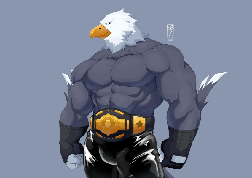 abs accipitrid accipitriform animal_crossing anthro apollo_(animal_crossing) avian beak biceps bird bottomwear championship_belt clothed clothing eagle feathers gloves handwear ixkouu male muscular muscular_anthro muscular_male nintendo pants pecs solo topless video_games wrestler