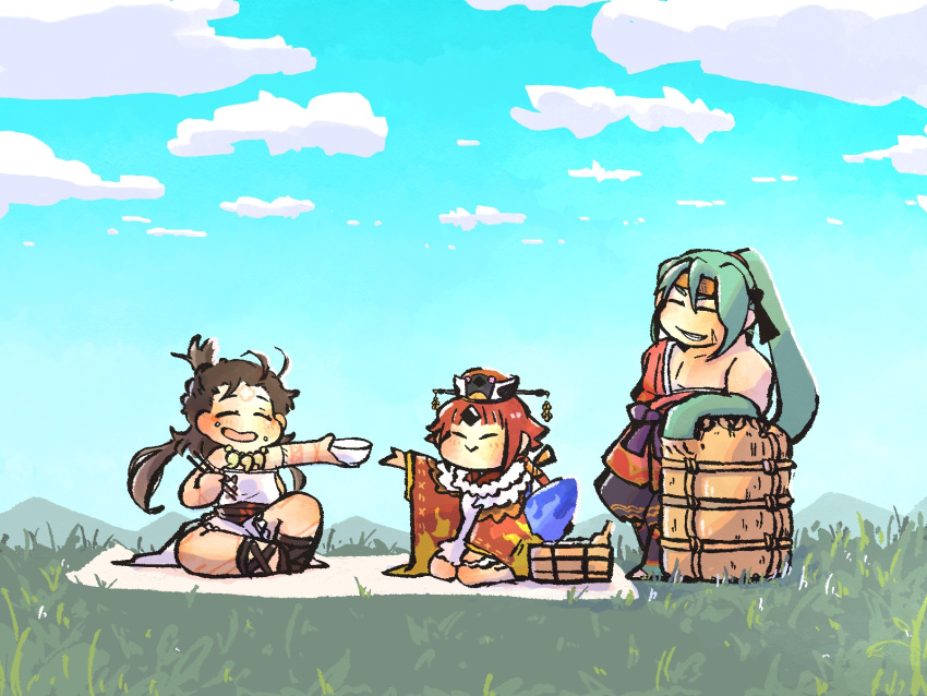 1boy 2girls :&gt; arm_rest benienma_(fate/grand_order) black_hair blue_sky bowl chopsticks cloud fate/grand_order fate_(series) food food_on_face grass green_hair headband highres himiko_(fate) japanese_clothes long_hair multiple_girls outdoors ponytail red_hair rice_bowl rice_spoon sitting sky smile tawara_touta_(fate/grand_order) trait_connection umeyama_(ume22ke) wariza