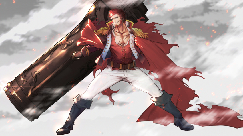 1boy belt blue_eyes boots brown_hair cannon chest chest_scar collar epaulettes facial_hair fate/grand_order fate_(series) fighting_stance fringe_trim full_body goatee high_collar huge_weapon jacket long_sleeves male_focus military military_uniform muscle napoleon_bonaparte_(fate/grand_order) open_clothes open_jacket open_shirt pants pectorals rinnnnake scar short_hair sideburns smile solo thick_thighs thighs tight unbuttoned uniform very_short_hair weapon white_pants