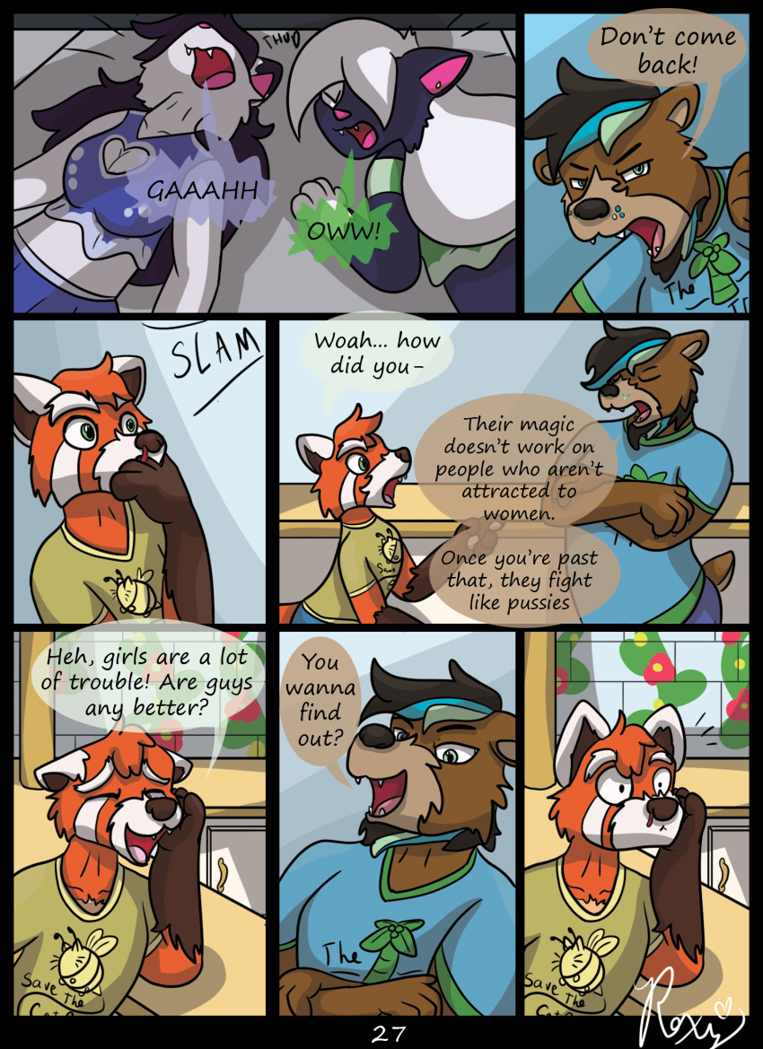 ailurid anthro bar beaten comic domestic_cat english_text felid feline felis female flirting gender_symbol group hi_res male mammal red_panda roxythefoxy sexuality_symbol slam symbol text ursid ♂ ⚣