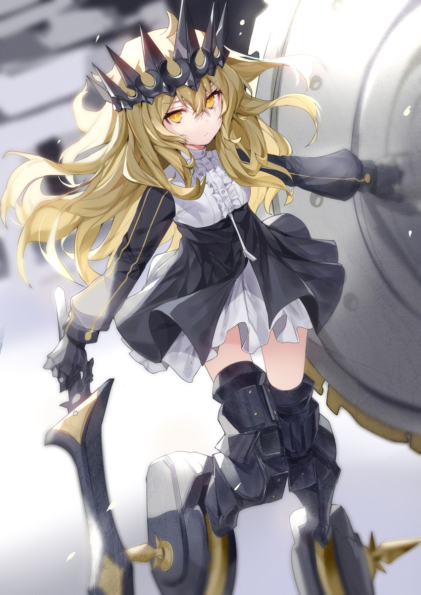 1girl armored_boots bangs black_gloves black_rock_shooter blonde_hair blurry blurry_background boots center_frills chariot_(black_rock_shooter) closed_mouth crown depth_of_field dress eyebrows_visible_through_hair floating_hair frilled_dress frills gloves gradient gradient_background grey_background hair_between_eyes headpiece highres holding holding_shield holding_sword holding_weapon long_hair long_sleeves looking_at_viewer raglan_sleeves ronopu serious shield solo spiral_eyes sword thigh_boots thighhighs v-shaped_eyebrows very_long_hair weapon white_background white_dress yellow_eyes zettai_ryouiki