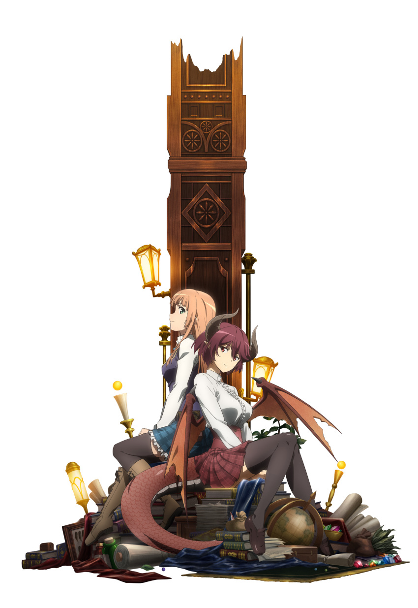 2girls absurdres anne_(shingeki_no_bahamut) artist_request blonde_hair breasts grea_(shingeki_no_bahamut) highres horns long_sleeves looking_at_viewer looking_away manaria_friends multiple_girls purple_hair shingeki_no_bahamut simple_background sitting skirt tail thighhighs white_background wings