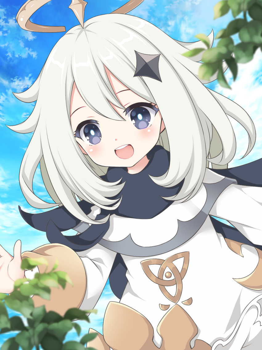 1girl :d ayamisiro bangs black_cape blue_sky blush cape cloud commentary_request day dress eyebrows_visible_through_hair genshin_impact grey_eyes grey_hair hair_between_eyes halo highres long_hair long_sleeves open_mouth outdoors paimon_(genshin_impact) puffy_long_sleeves puffy_sleeves round_teeth sky smile solo teeth upper_teeth white_dress