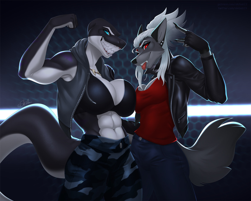 2020 5:4 5_fingers abs anthro black_body black_fur blue_eyes breasts canid canine canis clothed clothing digital_media_(artwork) duo ear_piercing female fingers fur grey_body grey_fur hair mammal piercing reptile scalie skiba613 smile snake standing white_hair wolf