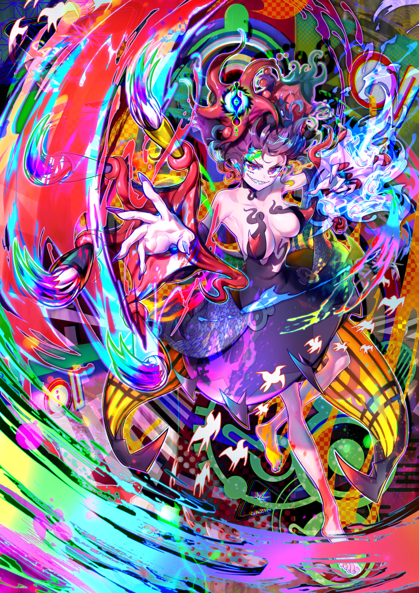 &gt;:q 1girl absurdres aura bare_shoulders barefoot breasts colorful dedeen evil_grin evil_smile extra_eyes fate/grand_order fate_(series) fingernails furrowed_eyebrows grin highres huge_filesize katsushika_hokusai_(fate/grand_order) large_breasts looking_at_viewer multicolored multicolored_background purple_eyes purple_hair sharp_teeth smile teeth tokitarou_(fate/grand_order)