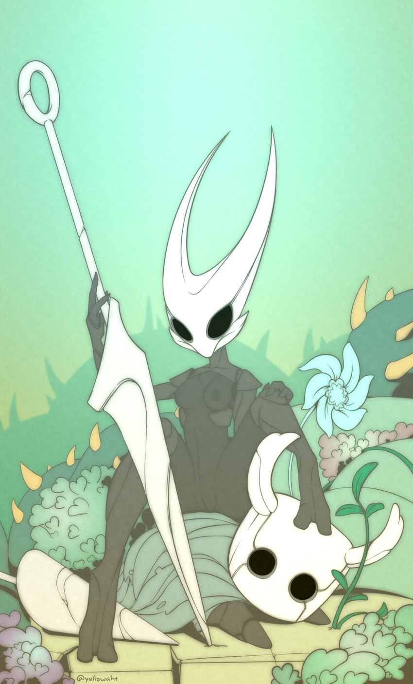 2019 2_toes 3_fingers ambiguous_gender anthro anthro_on_anthro arthropod black_body breasts digital_media_(artwork) fecharis female fingers foot_on_head genitals hi_res holding_object holding_weapon hollow_knight horn hornet_(hollow_knight) insect larger_female nipples nude protagonist_(hollow_knight) pussy sitting size_difference spread_legs spreading team_cherry toes vessel_(species) video_games weapon yellowaht