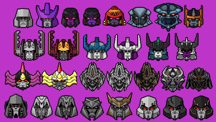 absurdres art_likes_robots beast_machines beast_wars decepticon english_commentary frown galvatron head_only highres mecha megatron megatron_(beast_wars) megatron_(idw) megatron_(prime) multiple_persona no_humans open_mouth optimal_megatron pixel_art purple_background red_eyes the_transformers_(idw) transformers transformers:_age_of_extinction transformers:_dark_of_the_moon transformers:_fall_of_cybertron transformers:_revenge_of_the_fallen transformers:_the_last_knight transformers:_war_for_cybertron transformers_(live_action) transformers_animated transformers_armada transformers_car_robots transformers_cybertron transformers_energon transformers_prime