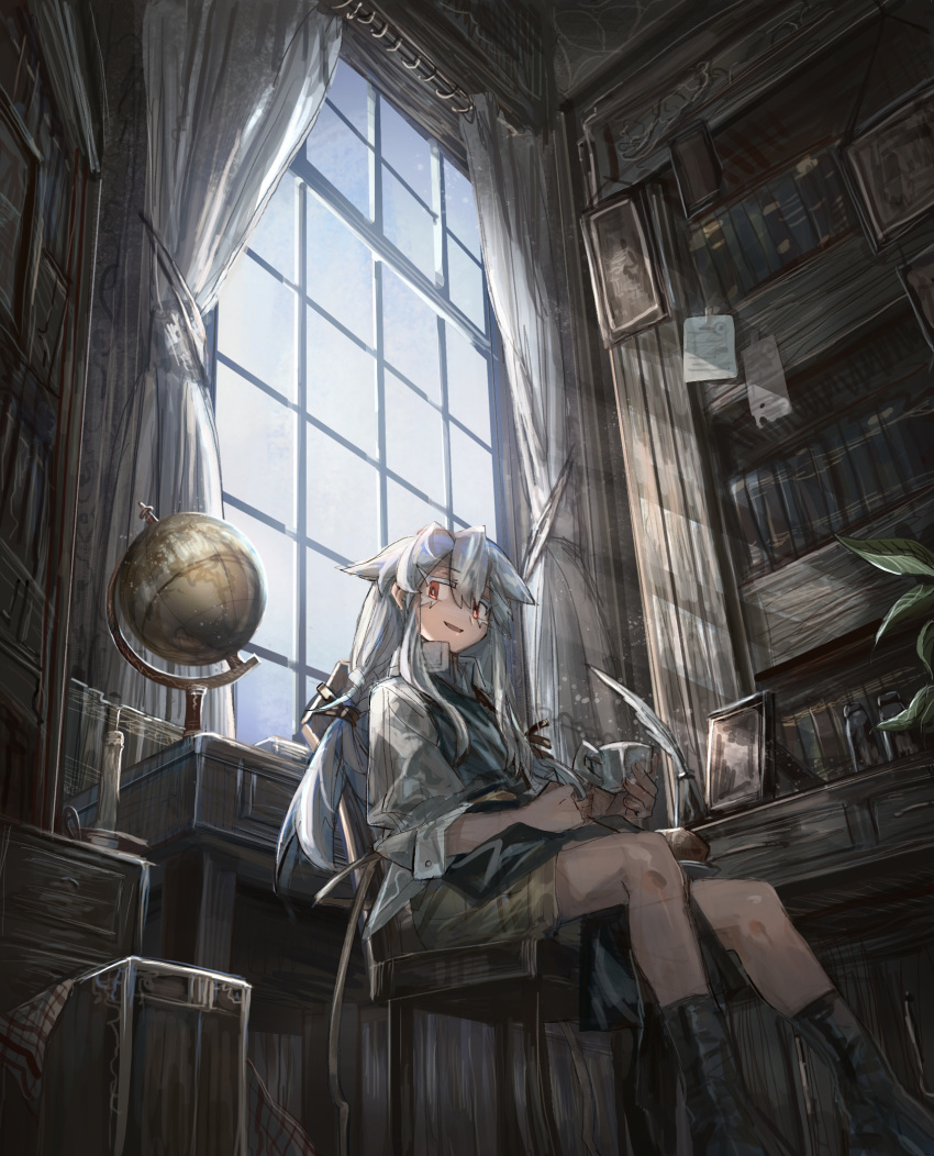 1girl :d apron ari_(shichigatsu) bad_id bad_pixiv_id black_legwear bloom book bookshelf brown_shorts cup curtains day desk eyelashes from_below globe hair_between_eyes highres holding holding_cup indoors ink_bottle inkwell light_rays long_hair looking_at_viewer mug open_mouth original quill red_eyes room shichigatsu shirt shorts silver_hair sitting smile socks solo stool sunbeam sunlight twintails white_shirt window