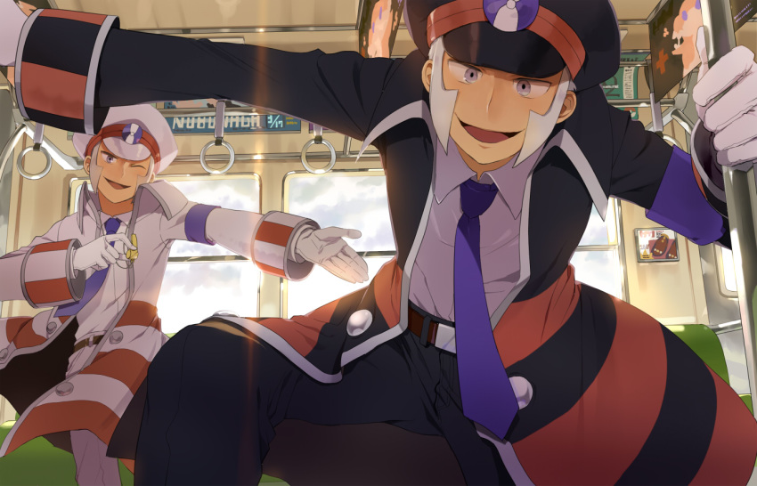 2boys belt coat commentary_request dotaku emmet_(pokemon) gloves grey_eyes grey_hair hat holding ingo_(pokemon) long_sleeves looking_at_viewer male_focus multiple_boys necktie open_mouth pants pokemon pokemon_(game) pokemon_bw purple_neckwear shirt smile tongue train_interior white_shirt