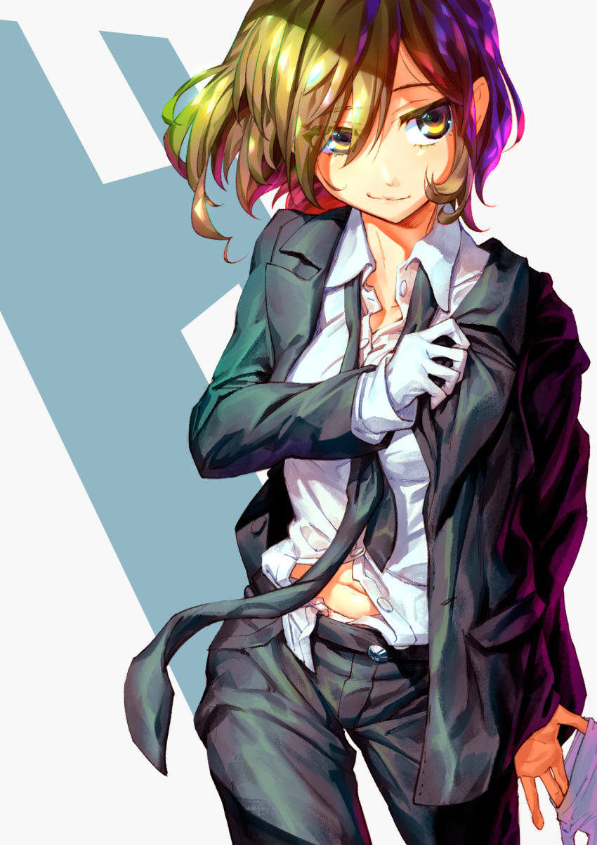 1girl belt biting business_suit colorful dedeen formal gloves highres long_sleeves multicolored multicolored_background necktie open_clothes open_shirt sasaki_(suzumiya_haruhi) shiny short_hair smile suit suzumiya_haruhi_no_yuuutsu undressing