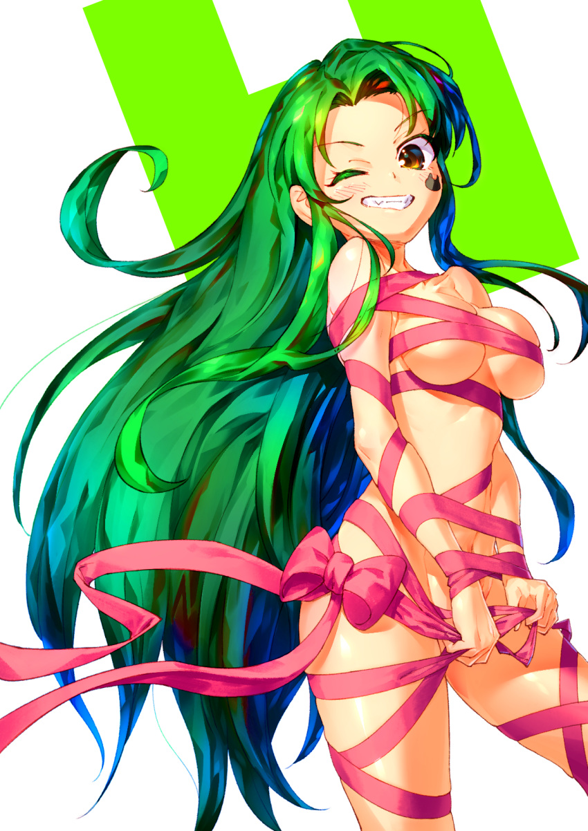 1girl bangs bare_shoulders biting blush bound bow breasts clenched_teeth collarbone colorful cowboy_shot dedeen eyebrows_visible_through_hair floating_hair green_eyes green_hair grin h highres long_hair looking_at_viewer medium_breasts multicolored multicolored_background naked_ribbon one_eye_closed pink_bow pink_ribbon ribbon ribbon_bondage shiny simple_background skindentation smile solo standing suzumiya_haruhi_no_yuuutsu teeth tied_up tsuruya underboob very_long_hair white_background