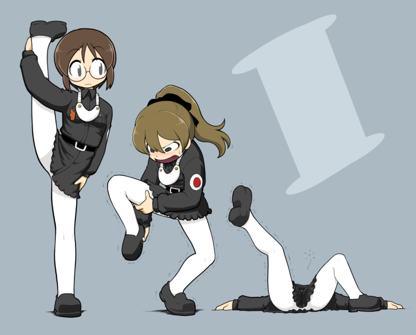 bangs belt black_dress dress girls_und_panzer glasses holding inatomi_hibiki japanese_tankery_league_judge_uniform judge leg_up long_hair long_sleeves medallion military military_uniform multiple_girls open_mouth pantyhose sasagawa_kanon short_hair split standing standing_on_one_leg standing_split takashima_remi uniform white_legwear yunji