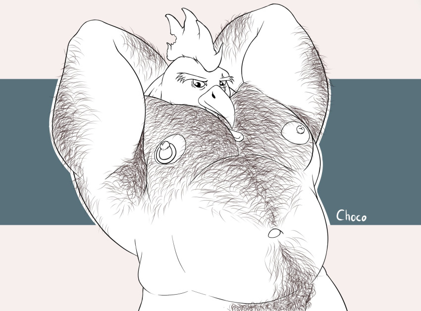 anthro areola arm_hair armpit_hair avian beak belly biceps big_areola bird body_hair chest_hair chicken chococlass eyebrows galliform gallus_(genus) hairy hands_behind_head happy_trail hi_res looking_at_viewer male male_anthro monochrome musclegut muscular muscular_anthro muscular_male navel nipple_piercing nipples nude overweight overweight_anthro overweight_male pecs phasianid piercing pubes simple_background