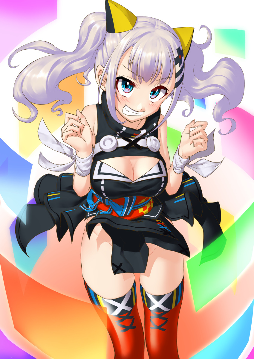 1girl absurdres biting blue_eyes breasts cleavage cleavage_cutout clothing_cutout dedeen dress evil_grin evil_smile eyelashes grin groin hair_ornament highres kaguya_luna no_panties sash short_twintails silver_hair sleeveless smile solo standing teeth the_moon_studio thighhighs twintails v-shaped_eyebrows virtual_youtuber zettai_ryouiki
