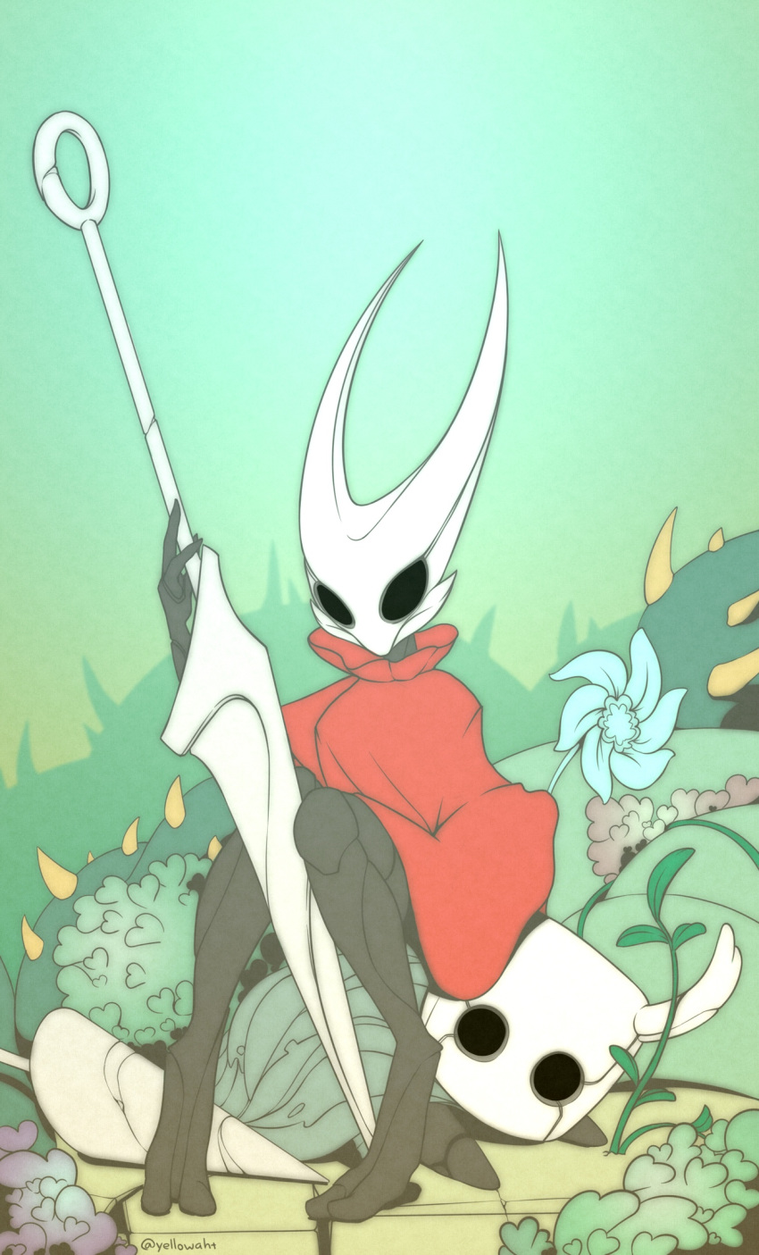 2019 2_toes 3_fingers ambiguous_gender anthro anthro_on_anthro arthropod black_body clothed clothing digital_media_(artwork) duo fecharis female fingers hi_res holding_object holding_weapon hollow_knight horn hornet_(hollow_knight) insect larger_female protagonist_(hollow_knight) sitting size_difference team_cherry toes vessel_(species) video_games weapon yellowaht