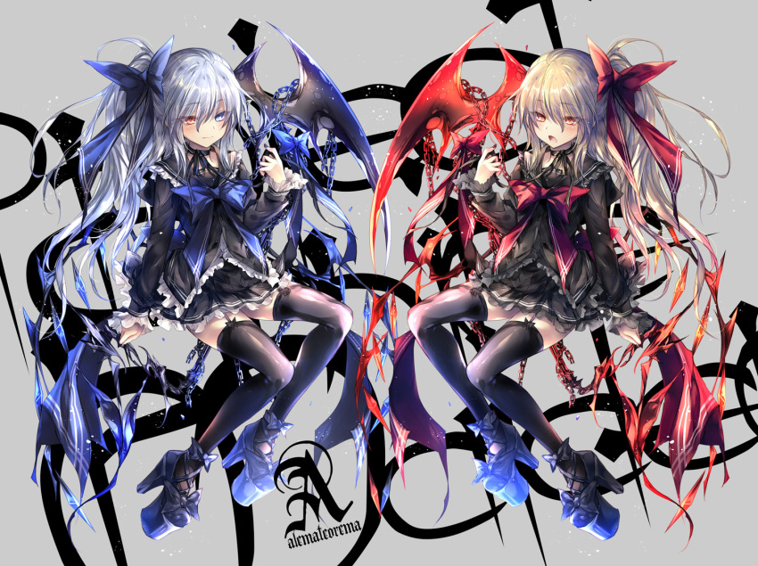 2girls bangs black_nails blonde_hair blue_bow blue_eyes blue_ribbon blush bow bowtie chain character_request flandre_scarlet frilled_shirt frilled_skirt frills garter_straps hair_bow hair_ribbon heterochromia high_heels kobayashi_yoshitaka long_hair long_sleeves looking_at_viewer multiple_girls neck_ribbon open_mouth red_bow red_eyes red_nails red_ribbon ribbon sailor_collar scythe shirt side_ponytail sidelocks silver_hair sitting skirt smile thighhighs touhou wavy_hair