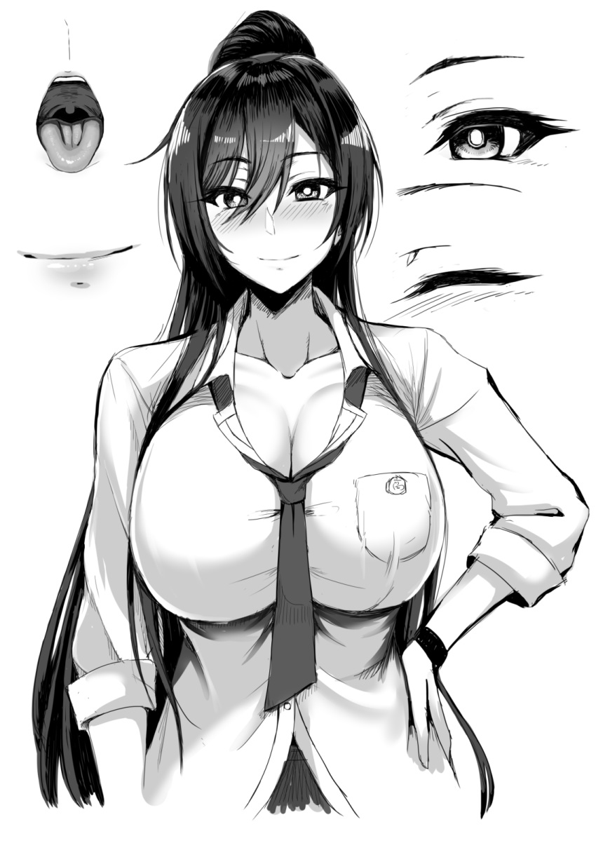 1girl bangs black_hair blush breasts cleavage dog_tags dress_shirt eyebrows_visible_through_hair greyscale hair_between_eyes hand_on_hip high_ponytail highres idolmaster idolmaster_shiny_colors kuya large_breasts loose_necktie monochrome moo_yoshio necktie open_mouth ponytail school_uniform shirase_sakuya shirt sleeves_rolled_up smile tongue tongue_out