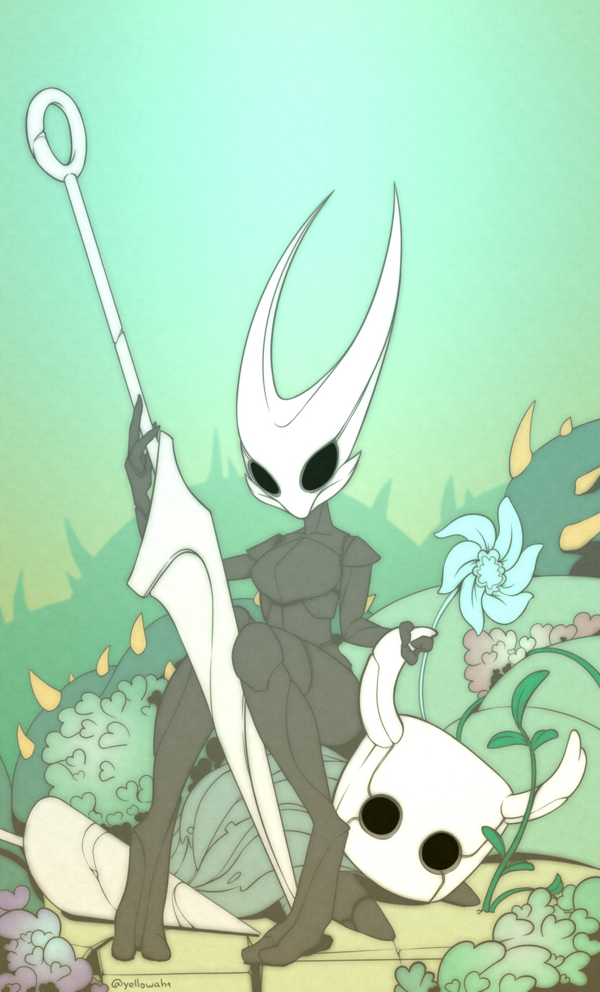 2019 2_toes 3_fingers ambiguous_gender anthro anthro_on_anthro arthropod black_body digital_media_(artwork) fecharis female fingers hi_res holding_object holding_weapon hollow_knight horn horn_grab hornet_(hollow_knight) insect larger_female protagonist_(hollow_knight) sitting size_difference team_cherry toes vessel_(species) video_games weapon yellowaht