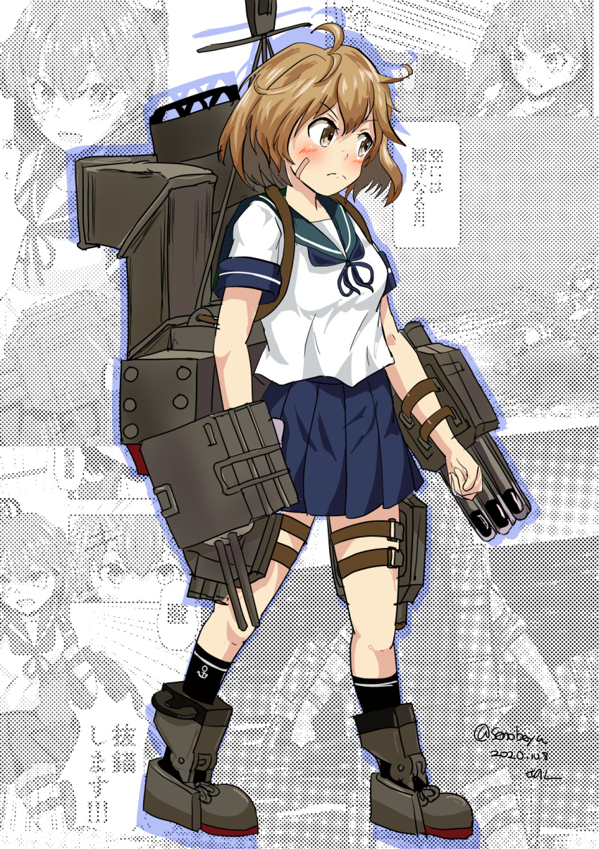 1girl adapted_turret bandaid bandaid_on_face blue_neckwear blue_sailor_collar blue_skirt brown_eyes brown_hair cannon commentary_request full_body highres kantai_collection machinery neckerchief oboro_(kantai_collection) pleated_skirt sailor_collar school_uniform senon serafuku short_hair skirt smokestack solo standing torpedo_launcher turret