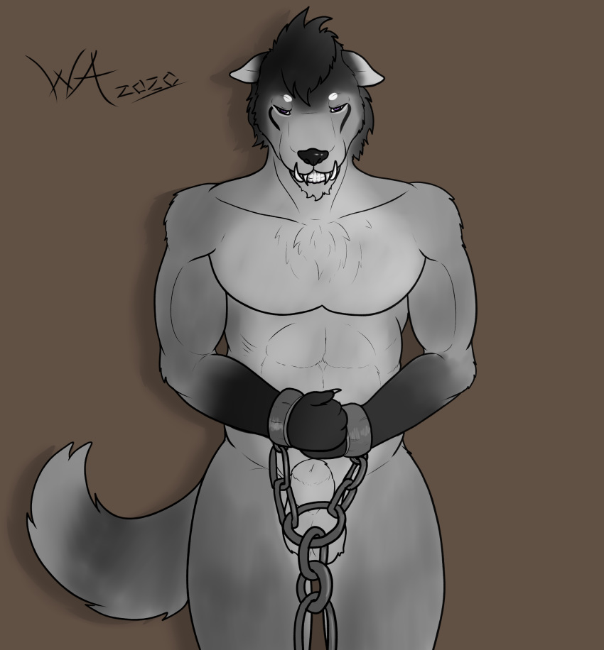 absurd_res animal_genitalia anthro balls bondages bound canid canine canis chain fully_sheathed genitals hi_res male mammal purple_eyes sheath solo trapped weridartist wolf