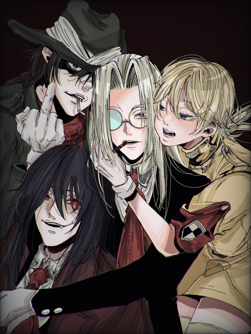 2boys 2girls alucard_(hellsing) armband bandana bangs beige_legwear black_background black_coat black_hair black_headwear blazer blonde_hair blue_eyes brown_hair cigar cigarette coat collared_shirt commentary_request cowboy_hat fangs formal gloves hair_between_eyes hand_on_another's_chest hand_on_another's_face hat hellsing highres integra_hellsing ippei_(2omg072) jacket lens long_sleeves looking_at_another looking_at_viewer medium_hair middle_finger multiple_boys multiple_girls necktie pip_bernardotte platinum_blonde_hair police police_uniform red_bandana red_eyes red_jacket red_neckwear round_eyewear seras_victoria shaded_face shirt short_hair short_sleeves smile suit teeth thighhighs uniform upper_body white_gloves white_shirt zettai_ryouiki