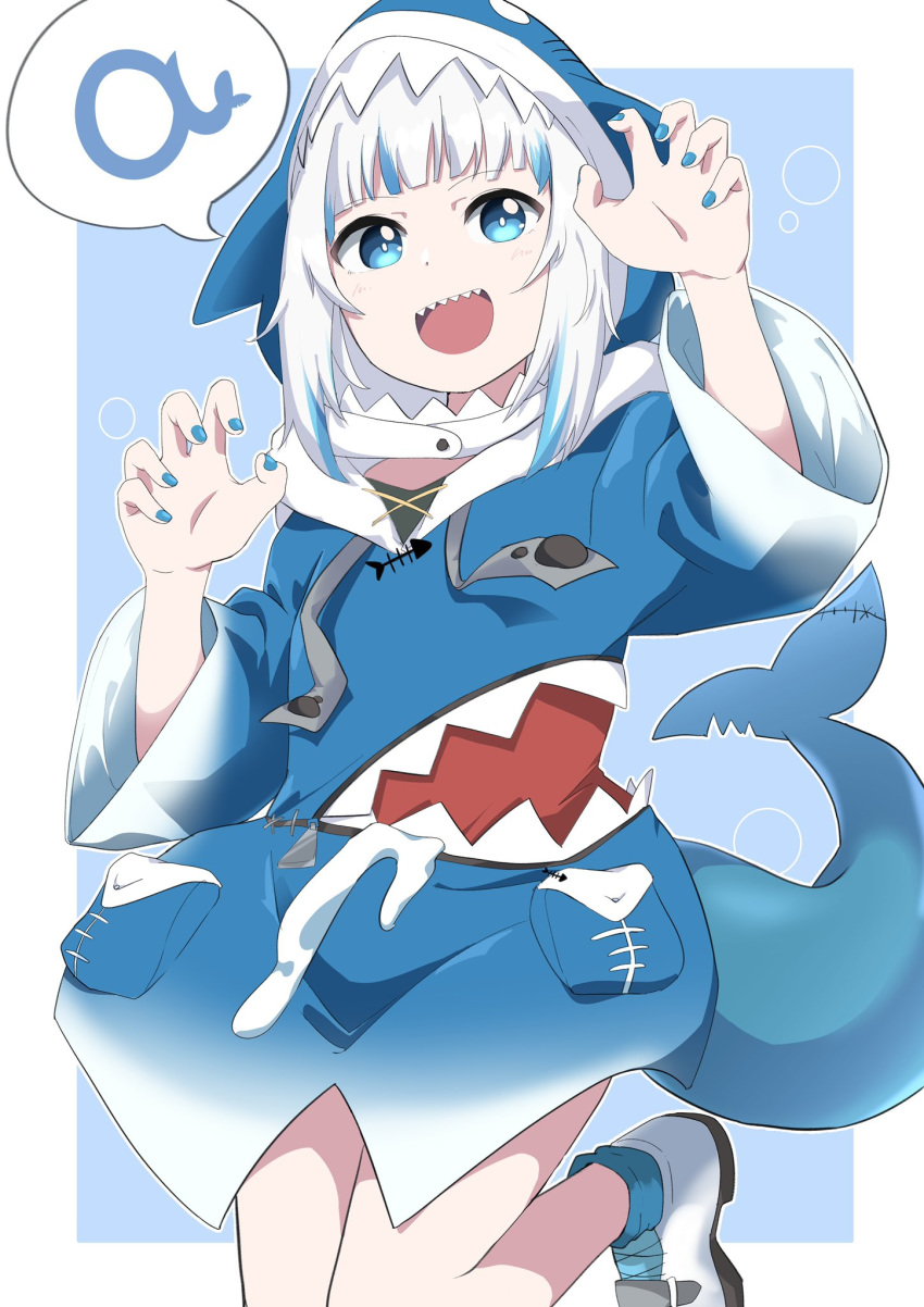 1girl a aimusu animal_hood bangs blue_eyes blue_hair blue_hoodie blue_nails blunt_bangs fish_skeleton gawr_gura highres hololive hololive_english hood long_sleeves looking_at_viewer medium_hair multicolored_hair open_mouth shark_costume shark_hood shark_print shark_tail sharp_teeth shoes silver_hair smile sneakers solo speech_bubble streaked_hair tail teeth virtual_youtuber white_footwear wide_sleeves