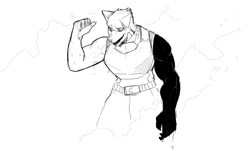 absurd_res anthro athletic belt bodily_fluids bottomwear canid canine canis clothing gesture goon_(goonie_san) goonie-san hi_res male mammal monochrome muscular pants pointing pointing_back smile smoke solo sweat wolf