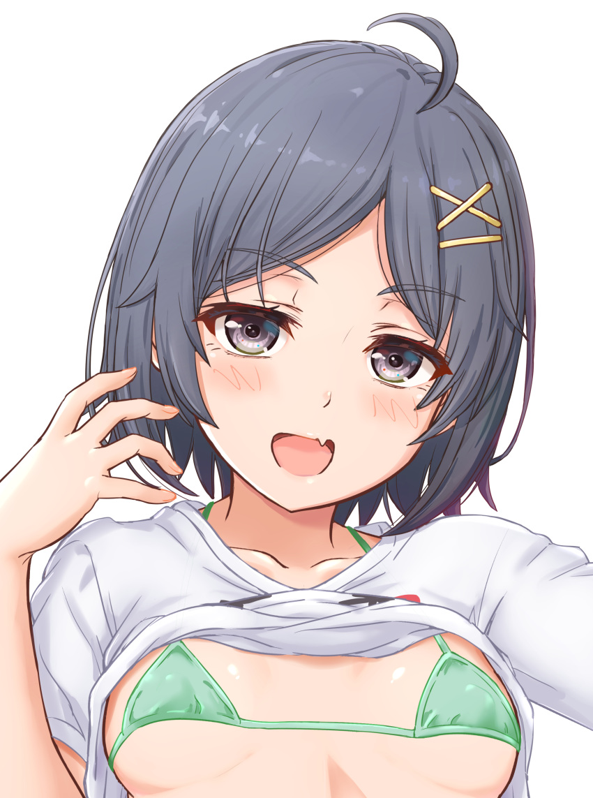 1girl absurdres bangs bikini black_hair blush breasts commentary_request eyebrows_visible_through_hair fang green_bikini grey_eyes highres hikigaya_komachi inanaki_shiki looking_at_viewer micro_bikini parted_bangs portrait shirt shirt_lift short_hair short_sleeves simple_background skin_fang small_breasts solo swimsuit t-shirt white_background white_shirt yahari_ore_no_seishun_lovecome_wa_machigatteiru.