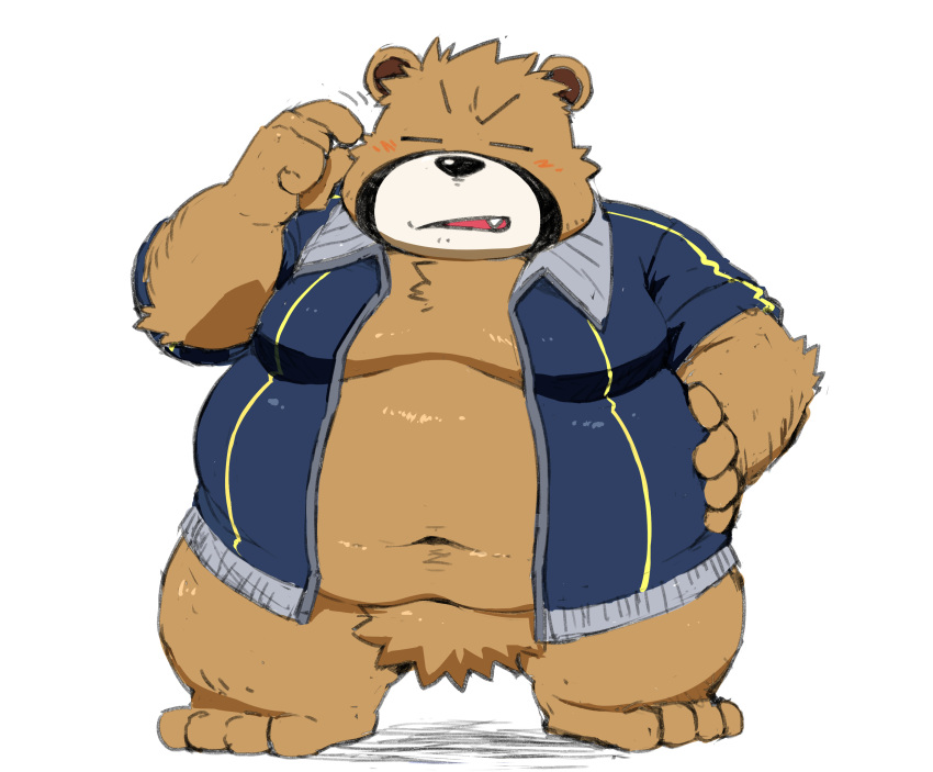 2020 absurd_res anthro belly blush brown_body brown_fur clothed clothing eyes_closed fur gokrakstyle hi_res humanoid_hands kemono male mammal moobs navel overweight overweight_anthro overweight_male simple_background solo ursid white_background