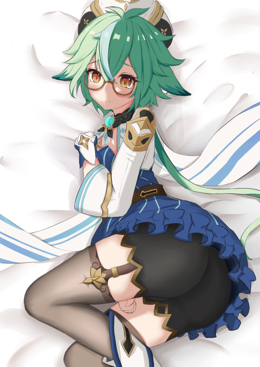 1girl animal_ears ass bed_sheet beret blue_dress boots cape clenched_hands dress frilled_skirt frills fur_trim genshin_impact glasses gloves gold_trim green_hair hand_on_own_chest hat highlights highres looking_at_viewer luochao0524 multicolored_hair on_bed ponytail shorts skirt sucrose_(genshin_impact) thighhighs yellow_eyes