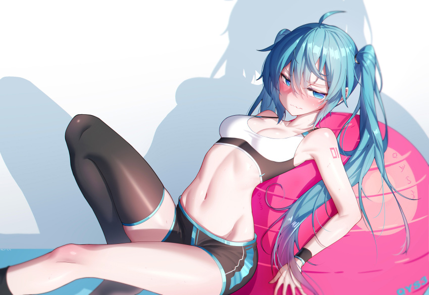 1girl ahoge alternate_costume aqua_hair armpits artist_name ball bangs bare_arms bare_shoulders black_legwear black_shorts blue_eyes blush breasts chinese_commentary cleavage closed_mouth commentary feet_out_of_frame frown hair_ribbon hatsune_miku highres knee_up looking_at_viewer navel nose_blush number_tattoo qys3 revision ribbon shadow short_shorts shorts shoulder_tattoo single_thighhigh small_breasts solo sports_bra stomach sweatband tattoo thighhighs toned twintails vocaloid