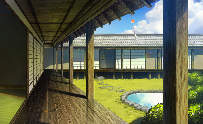 absurdres blue_sky bush courtyard day fusuma grass highres hoojiro no_humans original outdoors pond porch scenery sky sliding_doors tatami water wind_chime