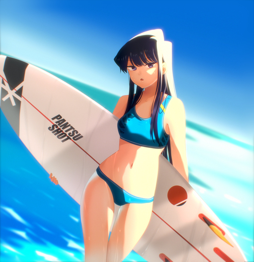 1girl absurdres bikini black_eyes black_hair blue_sky breasts buruma cowboy_shot day highres holding holding_surfboard horizon katerina_mey komi-san_wa_komyushou_desu komi_shouko long_hair looking_at_viewer medium_breasts navel ocean outdoors sky sports_bikini sportswear surfboard swimsuit swimwear water