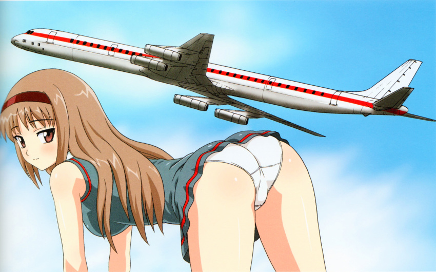 1girl absurdres aircraft airplane airplane_wing all_fours artbook ass blush breasts brown_eyes brown_hair closed_mouth cloud crotch_seam dress flying grey_dress headband highres long_hair looking_at_viewer medium_breasts original panties presenting red_headband sidelocks sky sleeveless sleeveless_dress solo underwear white_panties yamauchi_noriyasu