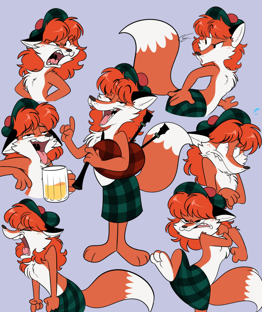 alcohol angry anthro bagpipes beer beverage bodily_fluids canid canine chest_tuft confused_look confusion cup drunk expression_sheet female fist fox hair happy hi_res kabula_(artist) kilt mammal musical_instrument nervous open_mouth paws red_fox relaxing scottish shy smile solo substance_intoxication sweat toony tuft wind_instrument woodwind_instrument yelling